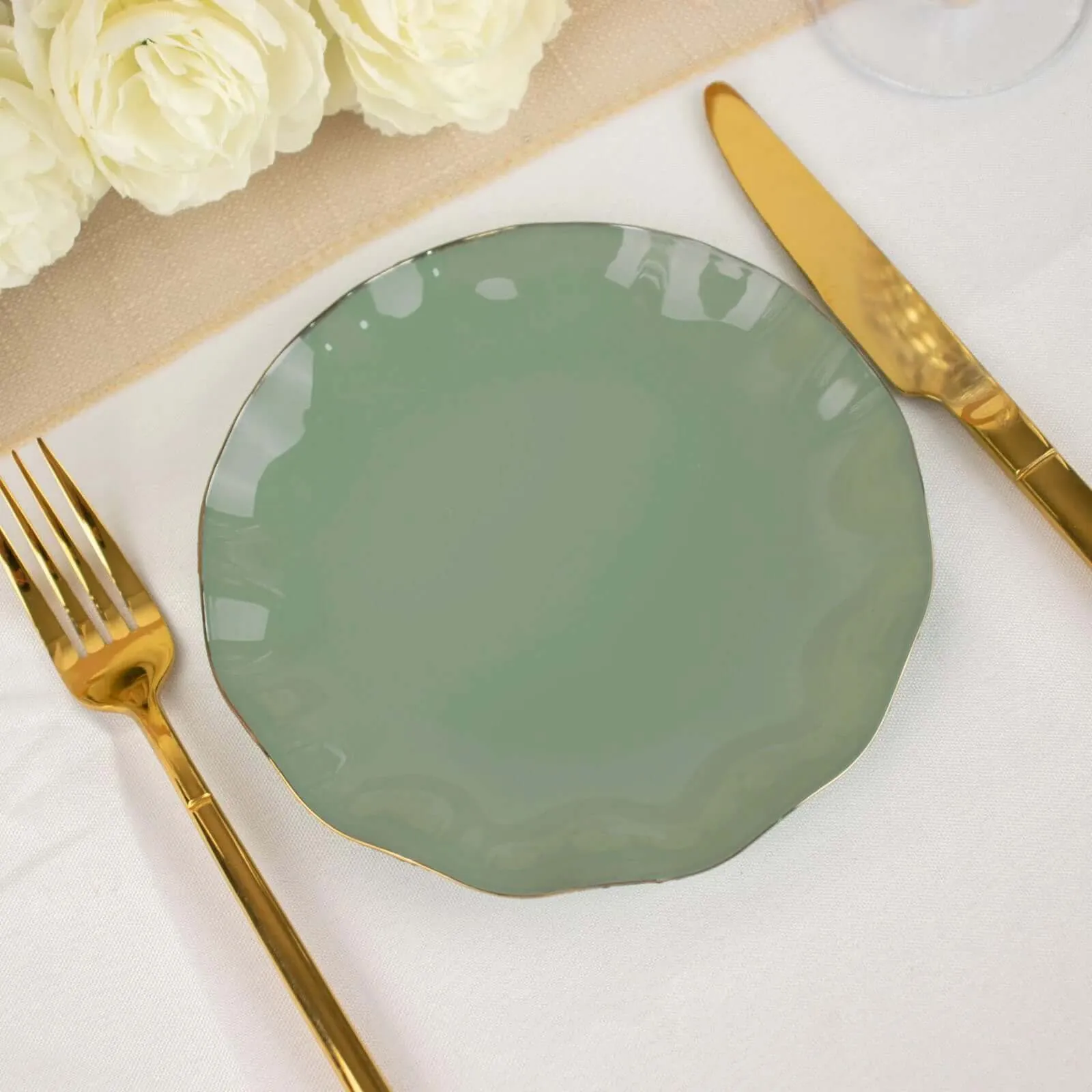 10 Pack 6" Dusty Sage Green Heavy Duty Disposable Salad Plates with Gold Ruffled Rim, Heavy Duty Disposable Appetizer Dessert Dinnerware