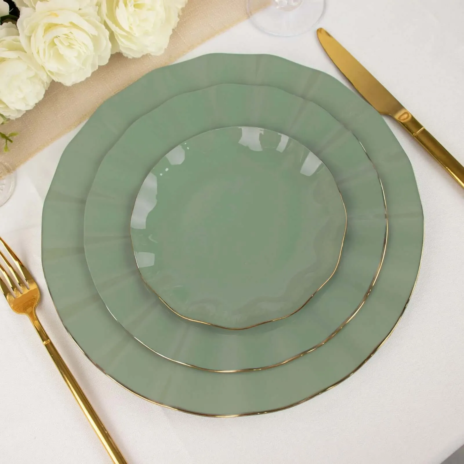 10 Pack 6" Dusty Sage Green Heavy Duty Disposable Salad Plates with Gold Ruffled Rim, Heavy Duty Disposable Appetizer Dessert Dinnerware