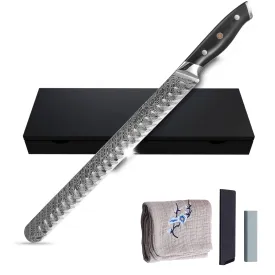 12" Damascus Steel Granton Edge Carving Knife With Full-Tang Handle, Sheath