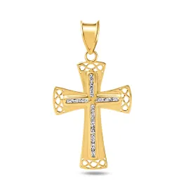 14P00073 - 14 Karat Yellow Gold Bordered Cross Clear CZ Pendant