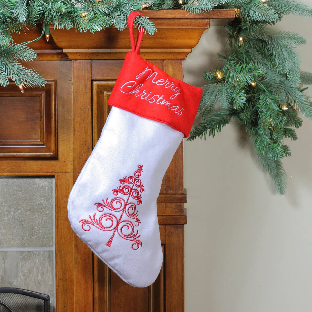 15.5" White and Red Merry Christmas Stocking with Cuff