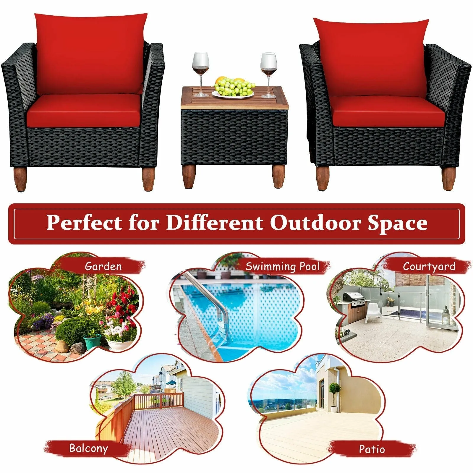 3pc Outdoor Patio Rattan Furniture Set - Red