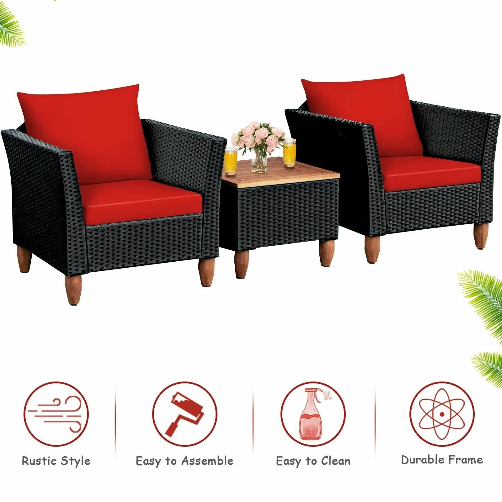 3pc Outdoor Patio Rattan Furniture Set - Red