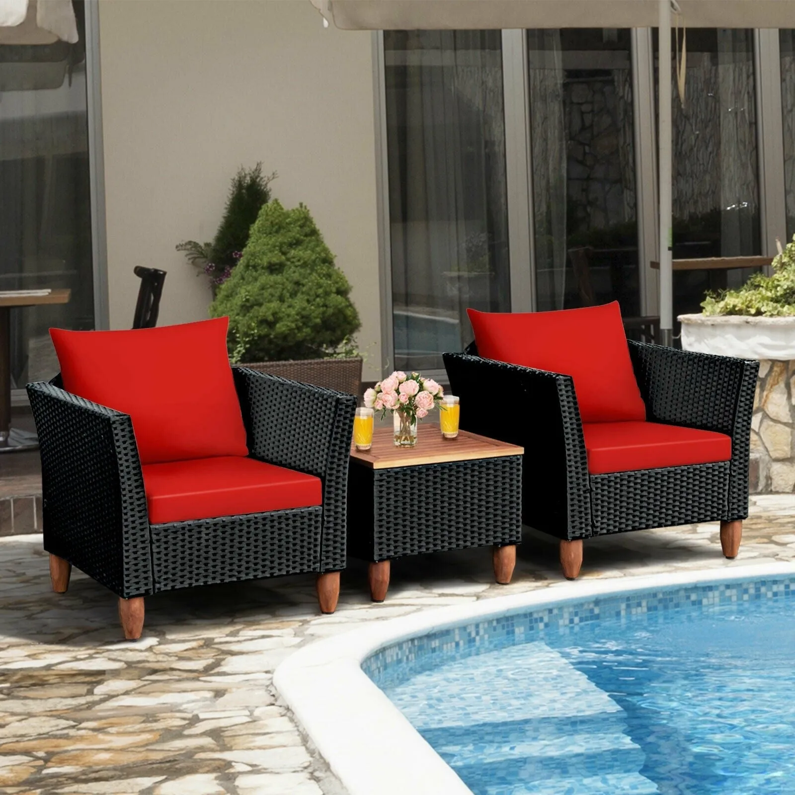 3pc Outdoor Patio Rattan Furniture Set - Red