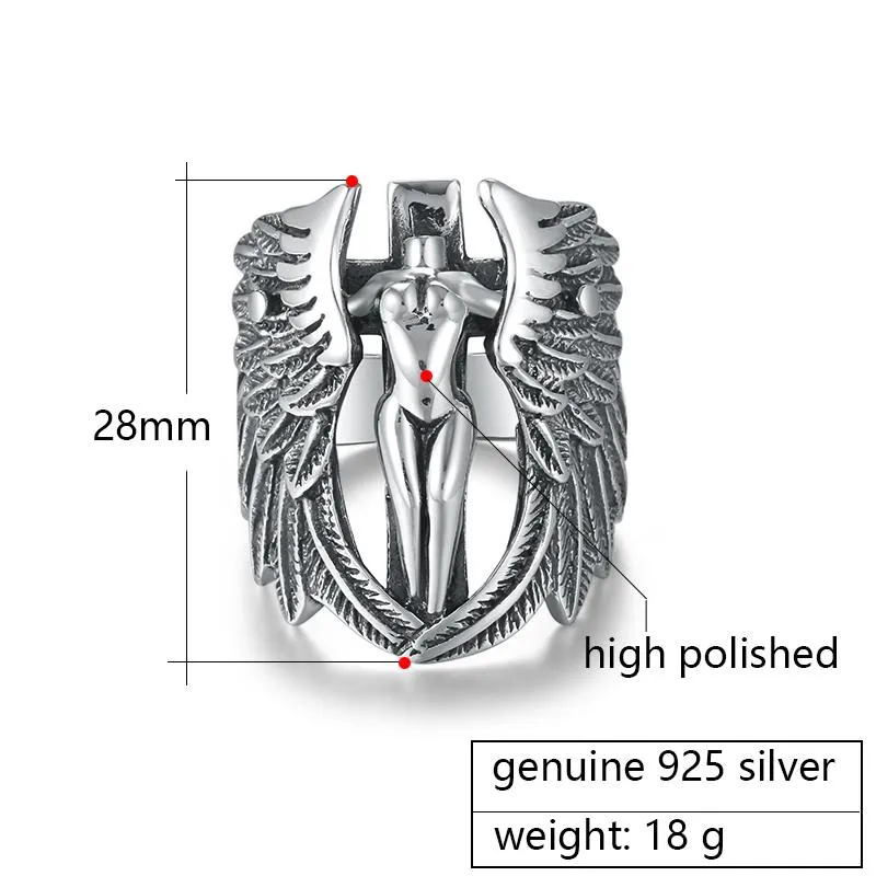 925 Sterling Silver Men's Angel Wings Elegant Angel Fashion Ring