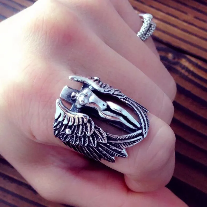 925 Sterling Silver Men's Angel Wings Elegant Angel Fashion Ring