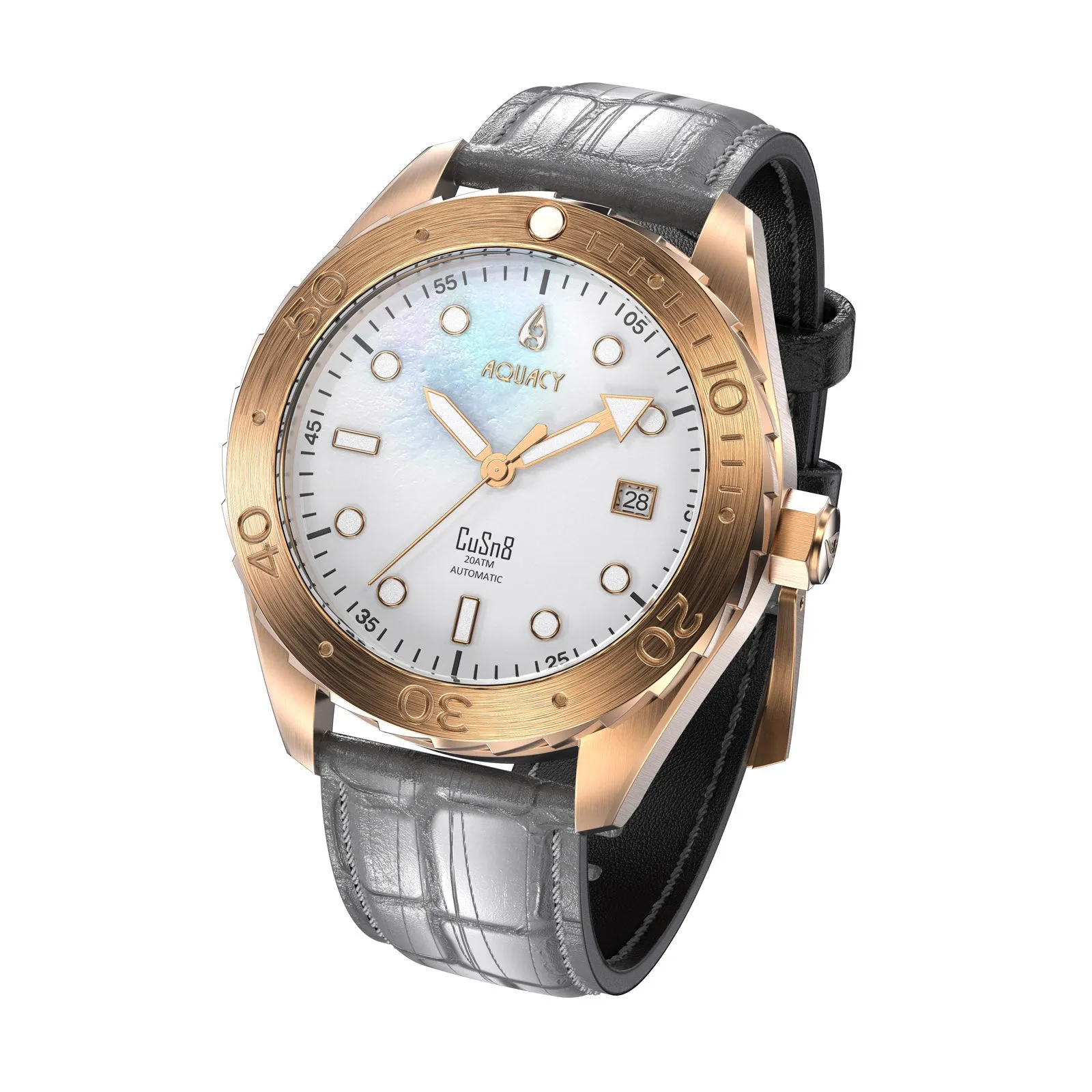 Aquacy Bronze CuSn8 Men's  Mother Of Pearl Watch Automatic with Leather  200M