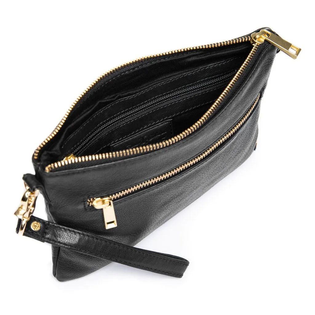 Beautiful leather clutch with golden zippers / 12152 - Black (Nero)