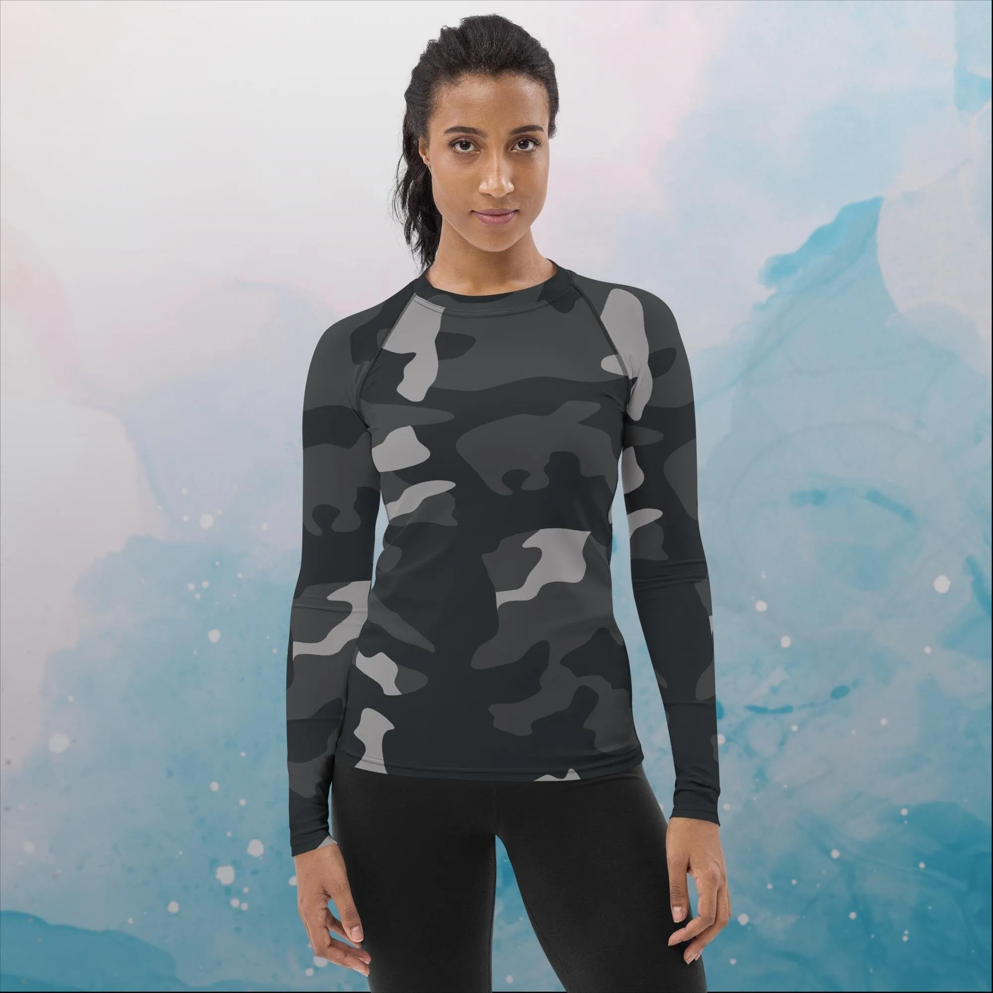 Black and Grey Camo Print Womens Rash Guard