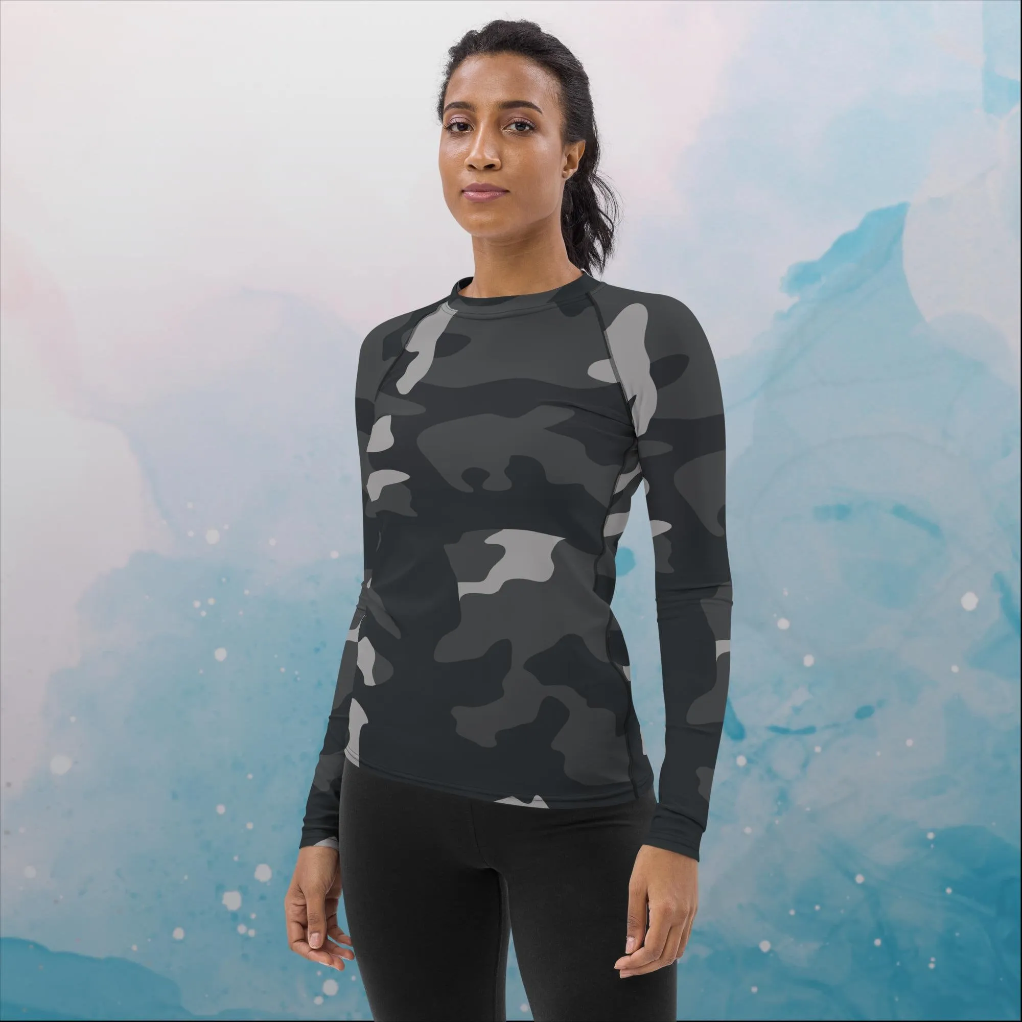 Black and Grey Camo Print Womens Rash Guard