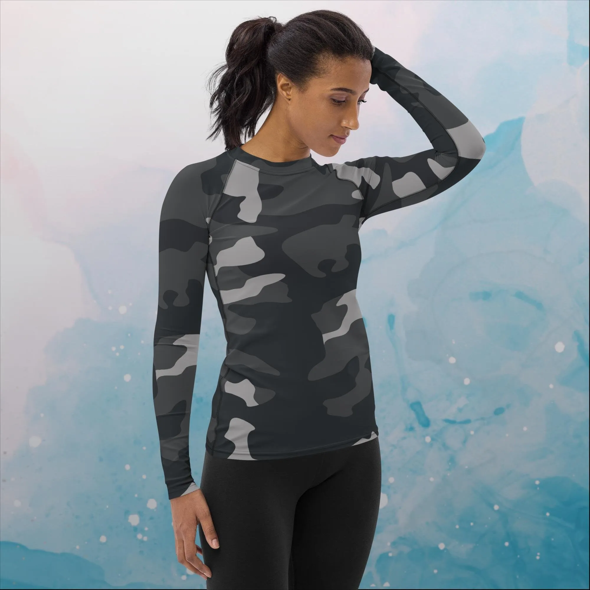 Black and Grey Camo Print Womens Rash Guard