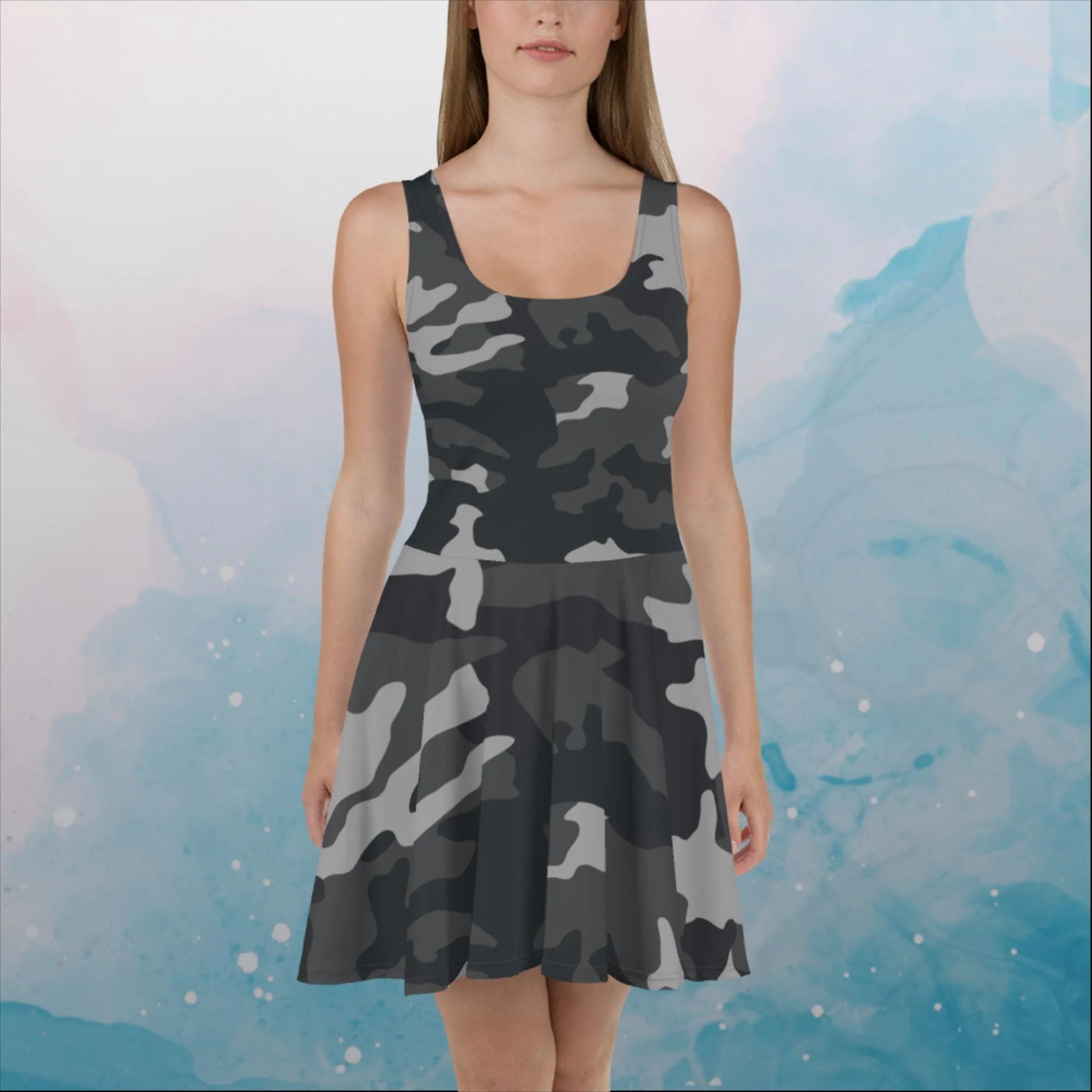 Black and Grey Camo Print Womens Skater Dress