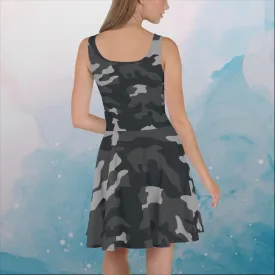 Black and Grey Camo Print Womens Skater Dress