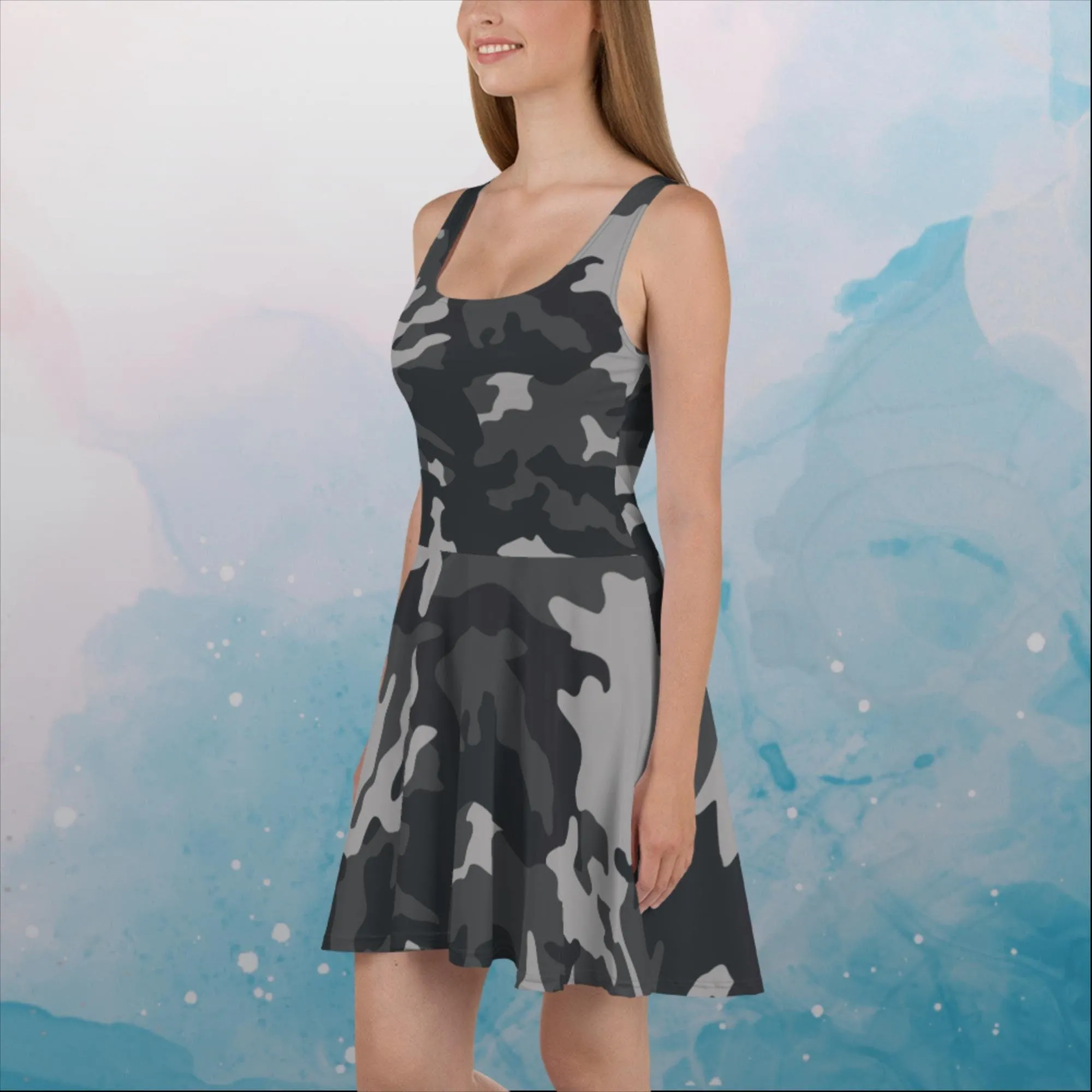 Black and Grey Camo Print Womens Skater Dress