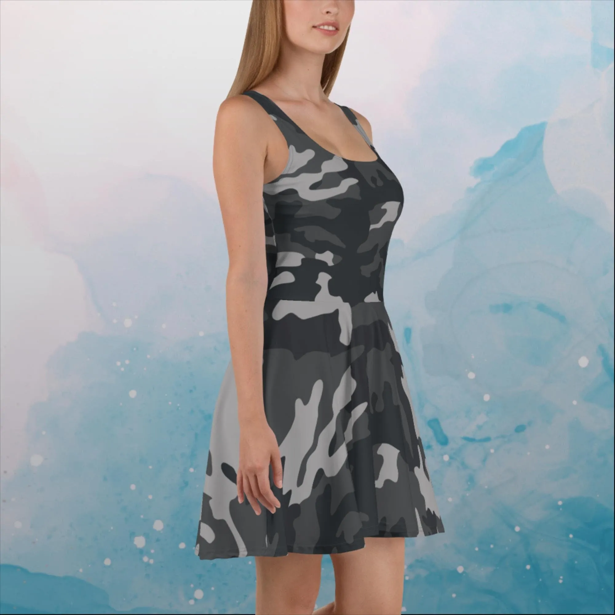 Black and Grey Camo Print Womens Skater Dress