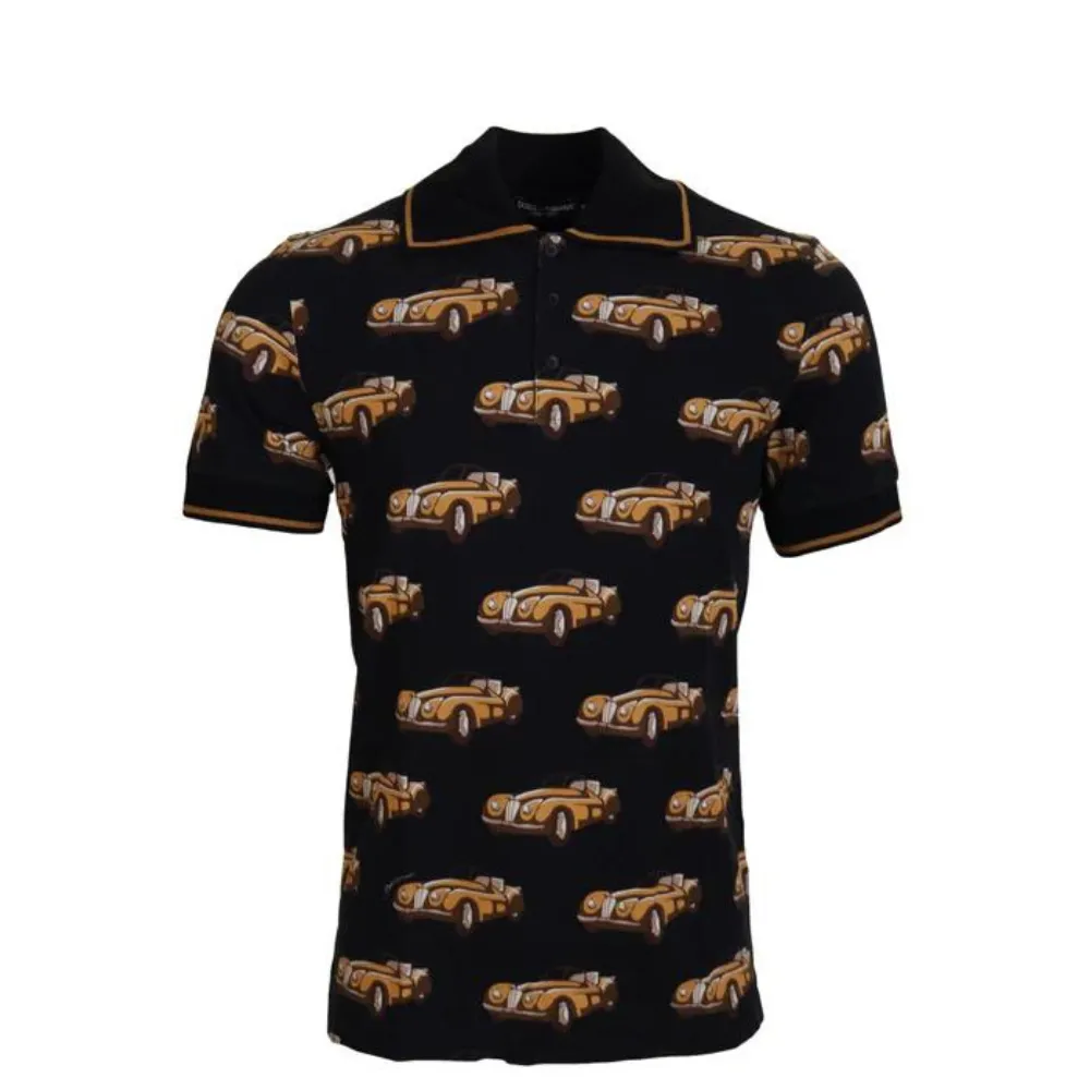 Black Car Print Short Sleeve Polo T-Shirt