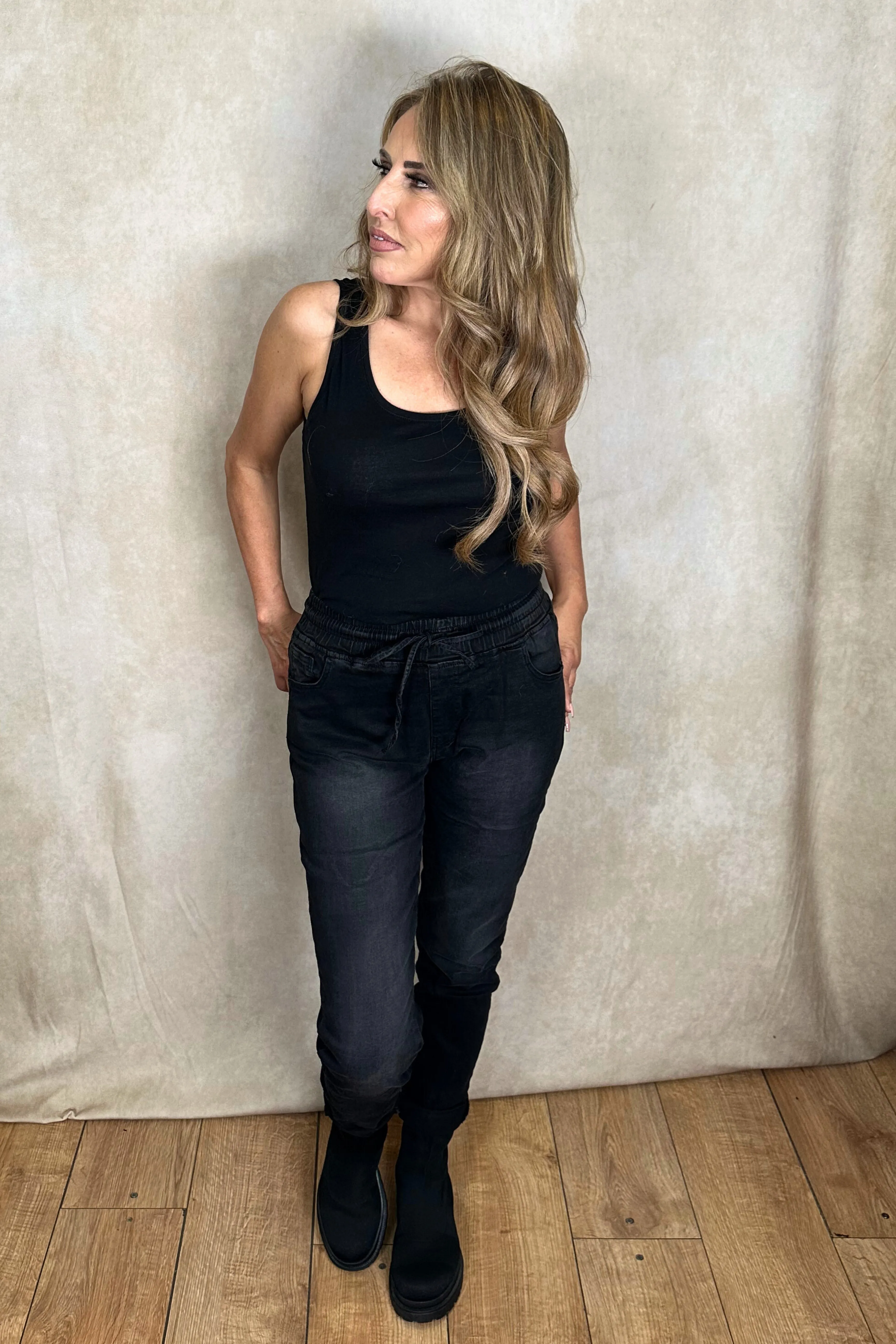 Black Drawstring Waist Jeans