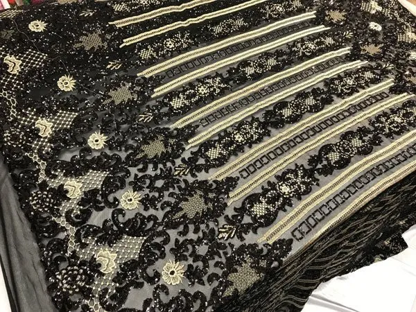 Black Fine Embroidered Sequin 4 Way Stretch Fabric For Wedding Prom Fashion Decorations Dresses