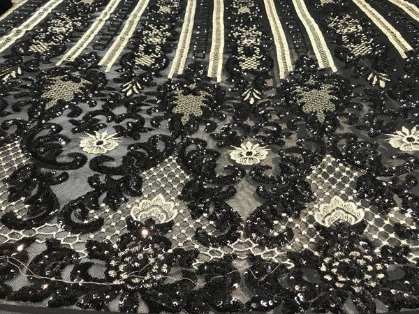 Black Fine Embroidered Sequin 4 Way Stretch Fabric For Wedding Prom Fashion Decorations Dresses