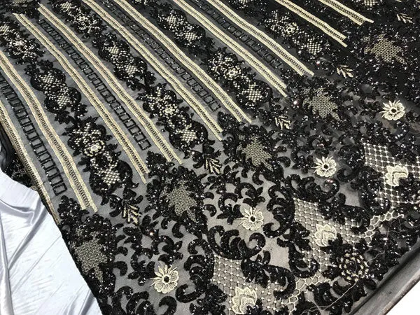 Black Fine Embroidered Sequin 4 Way Stretch Fabric For Wedding Prom Fashion Decorations Dresses