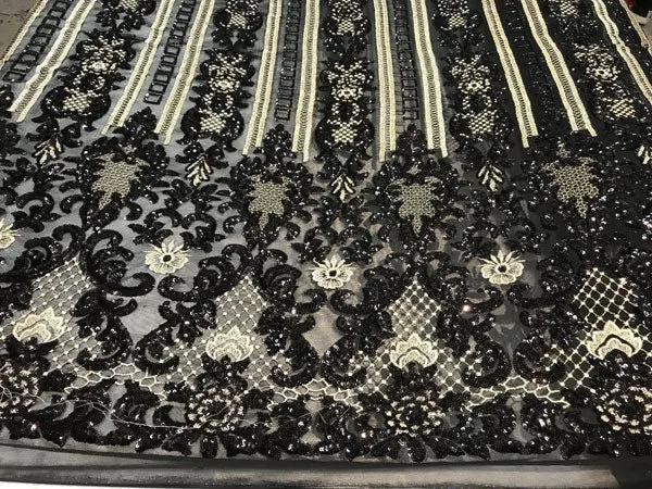 Black Fine Embroidered Sequin 4 Way Stretch Fabric For Wedding Prom Fashion Decorations Dresses