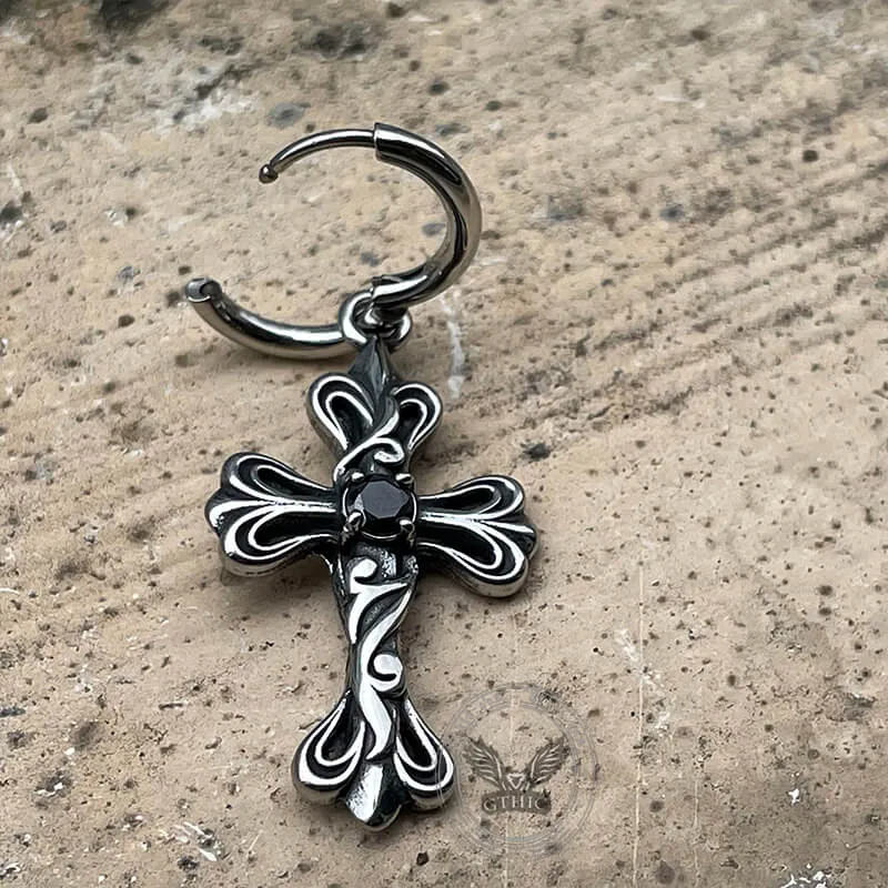 Black Stone Cross Stainless Steel Hoop Earrings