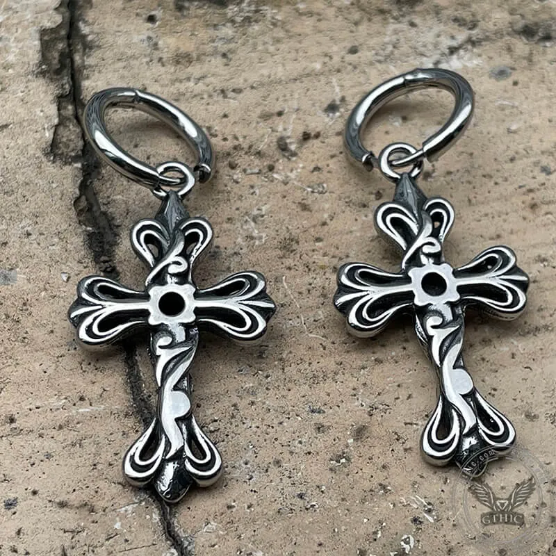 Black Stone Cross Stainless Steel Hoop Earrings