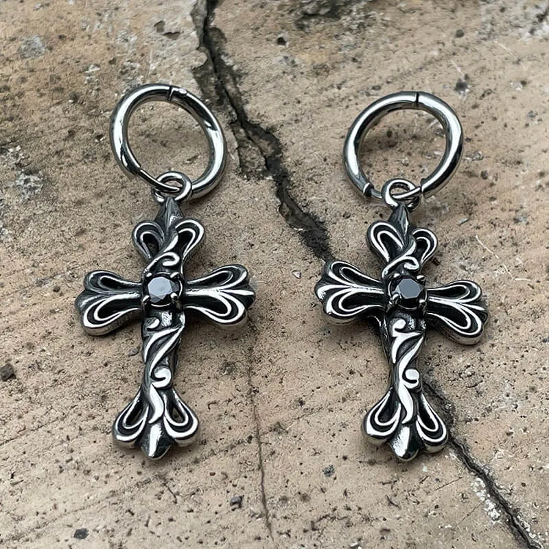 Black Stone Cross Stainless Steel Hoop Earrings