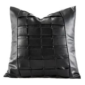 Black Woven Leather Pillow Cover