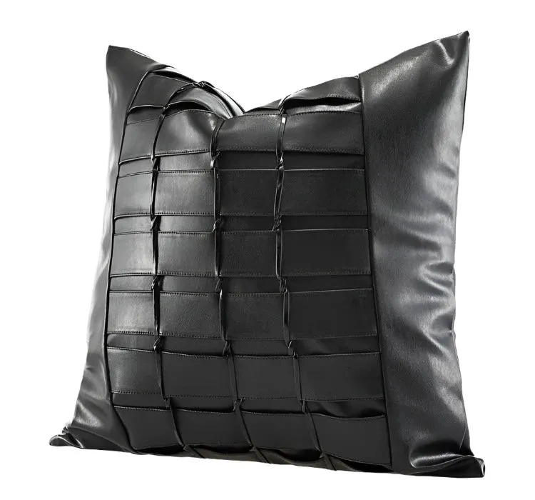 Black Woven Leather Pillow Cover