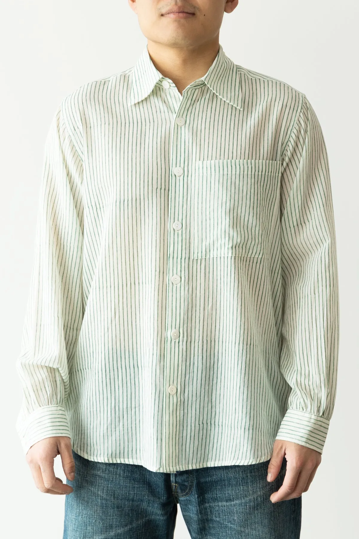 Block Printed Striped Shirt - White/Aquamarine