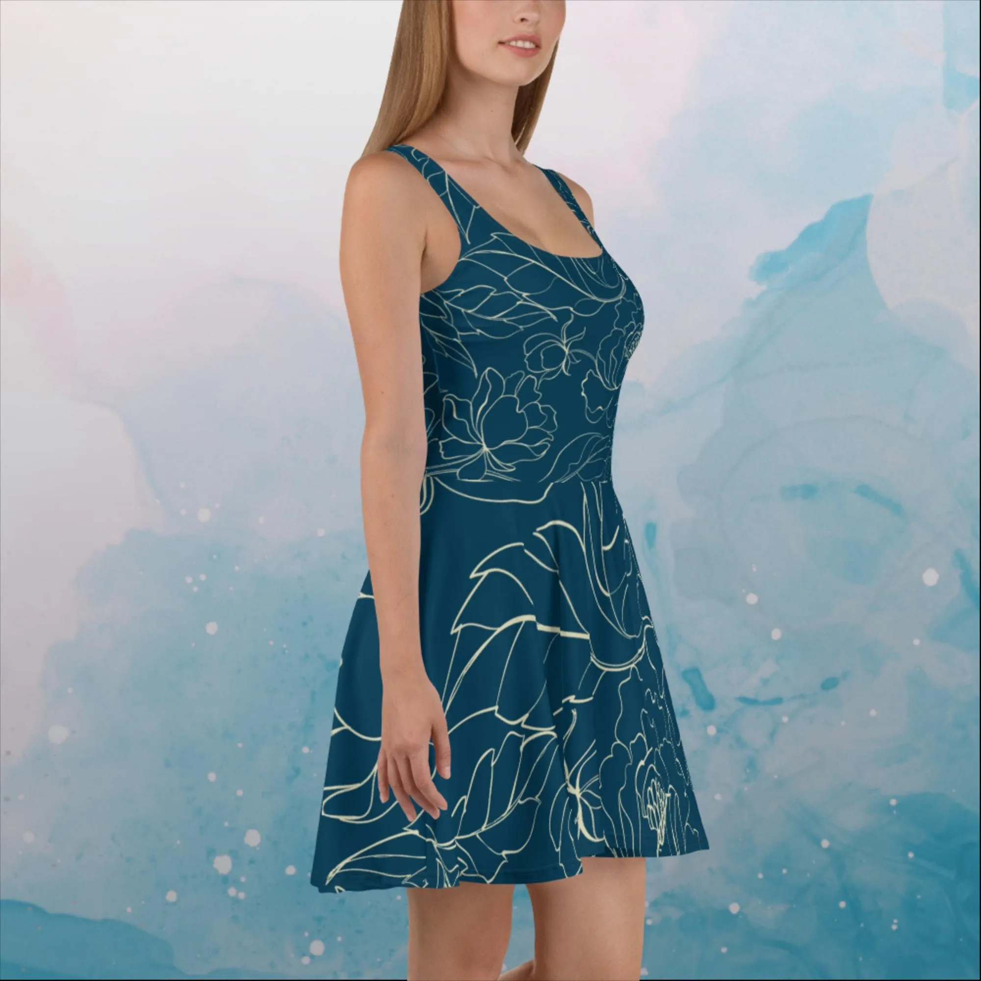 Blue and Cream Floral Stencil Lines Womens Skater Dress