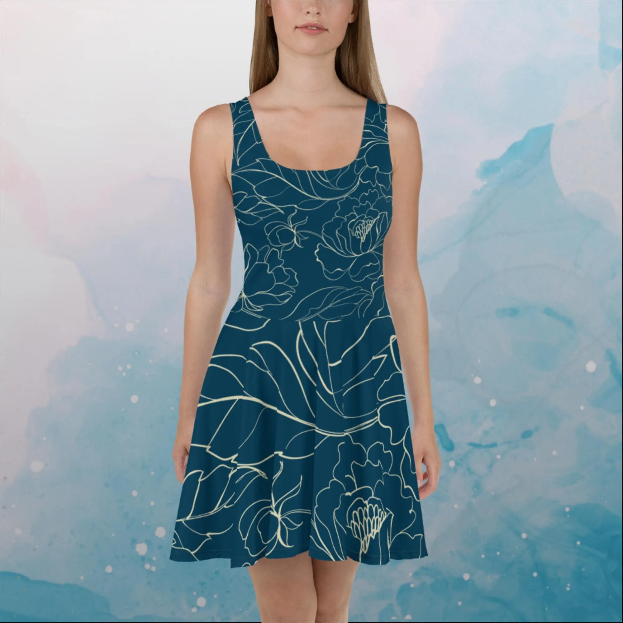 Blue and Cream Floral Stencil Lines Womens Skater Dress