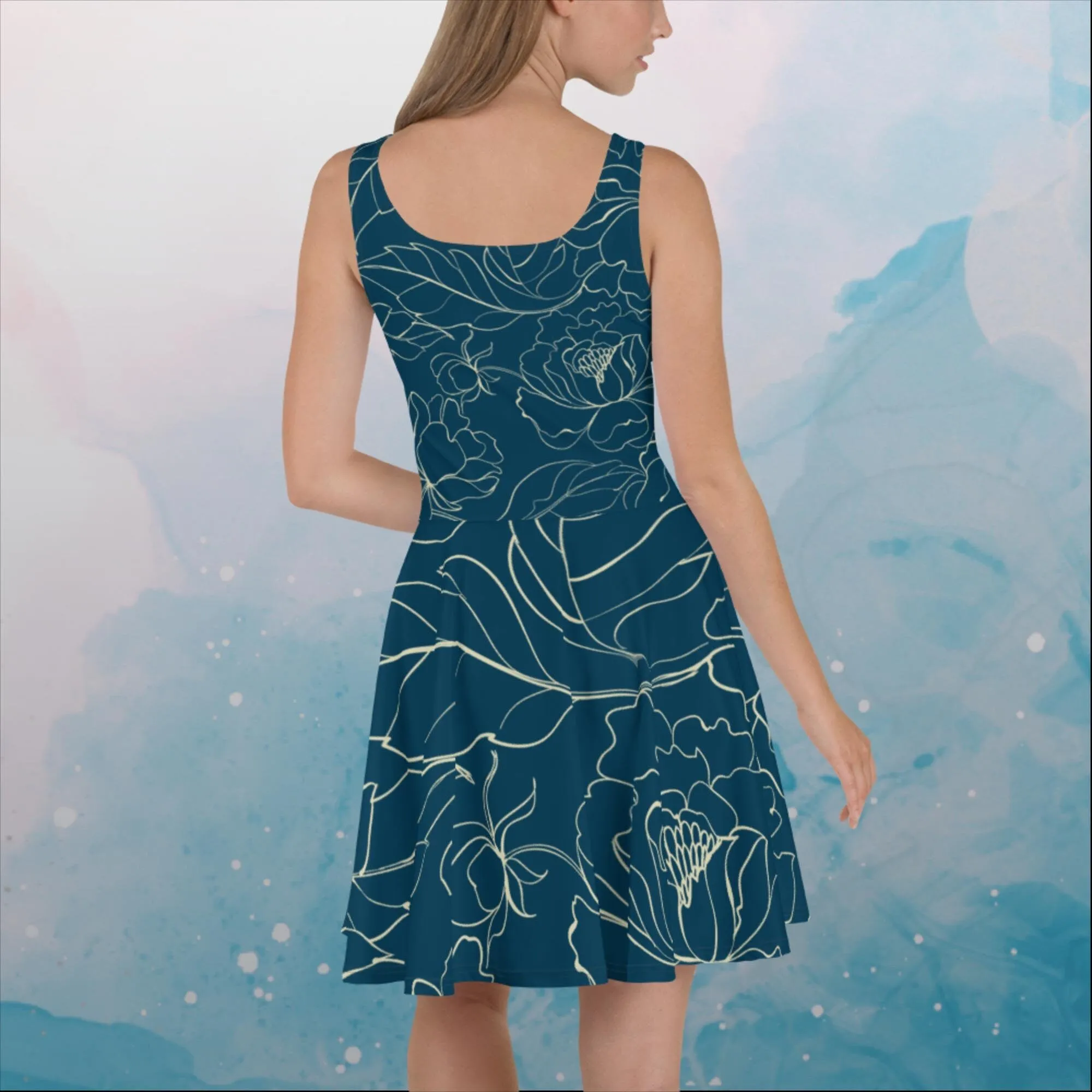 Blue and Cream Floral Stencil Lines Womens Skater Dress