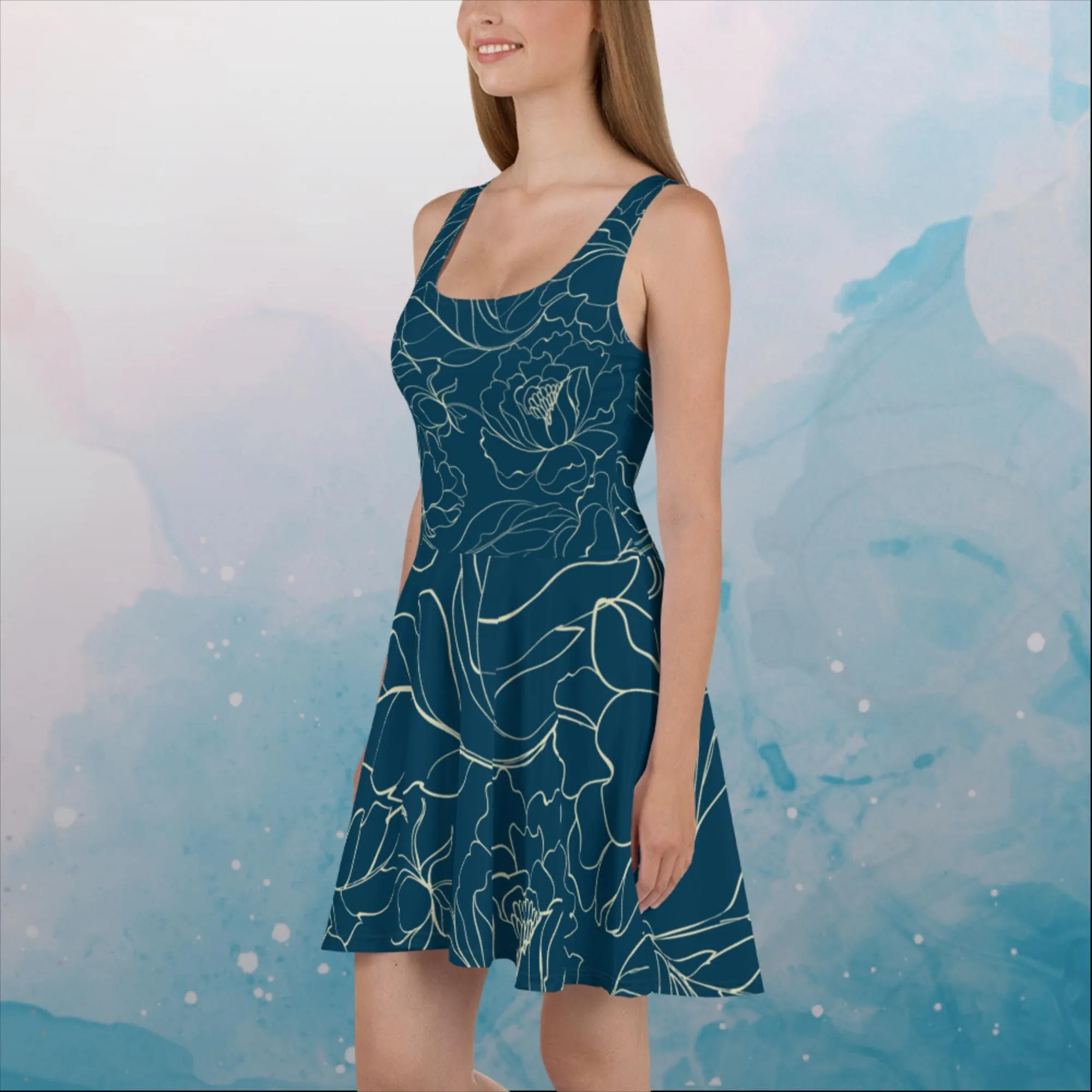 Blue and Cream Floral Stencil Lines Womens Skater Dress