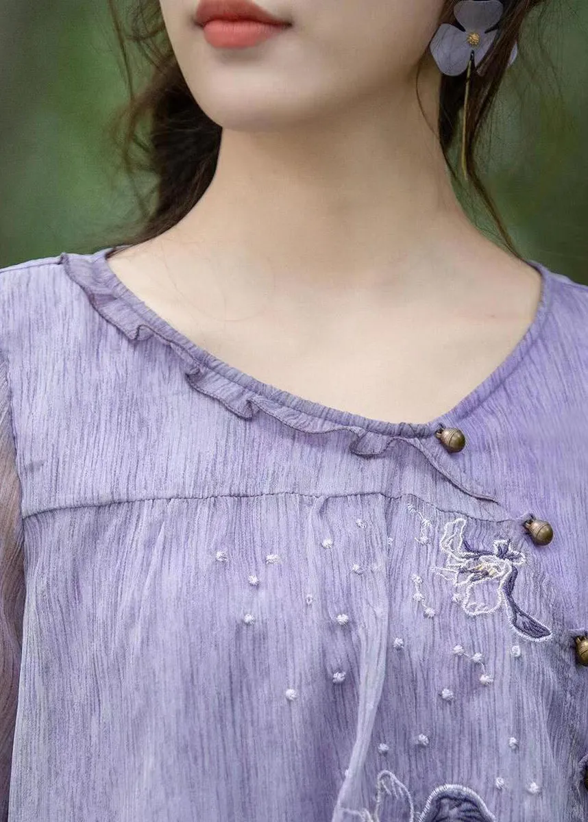 Boutique Purple Ruffled Embroidered Chiffon Blouse Tops Summer BV056