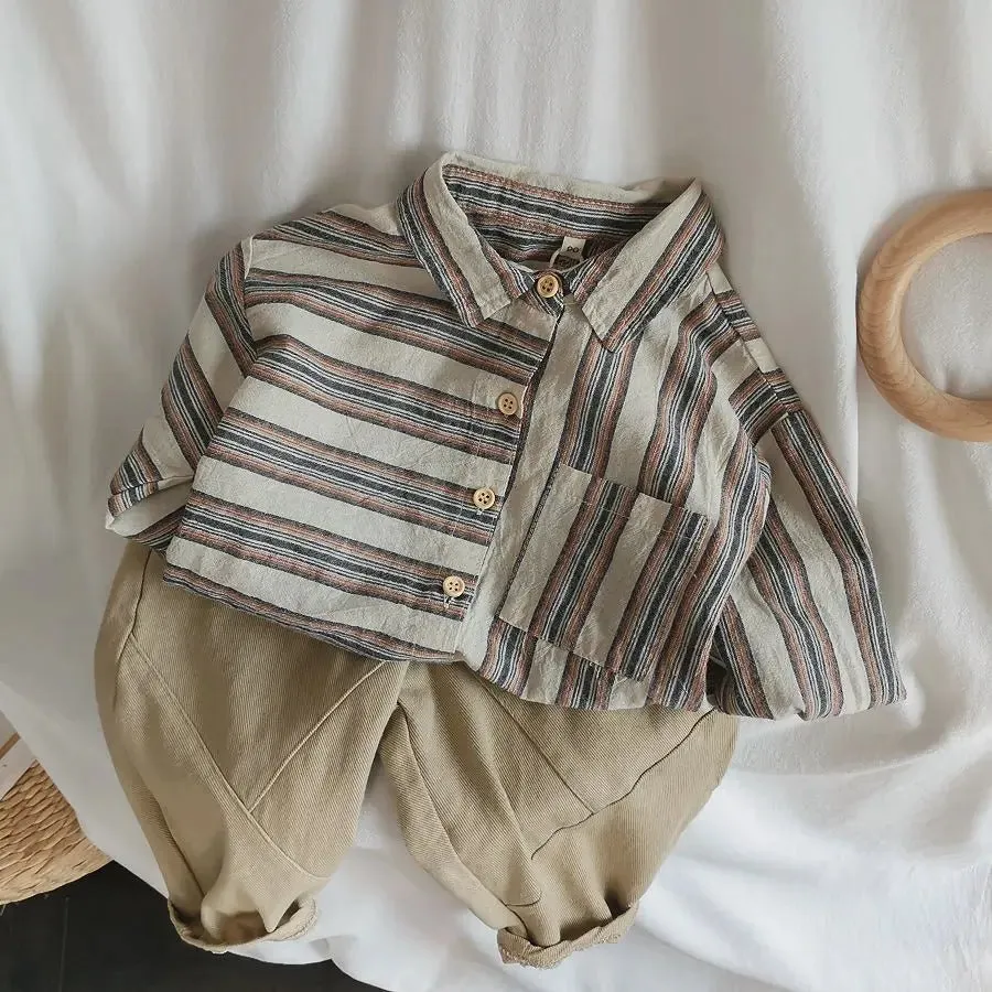 Boys' Striped Cotton Long Sleeve Button-Up Shirt