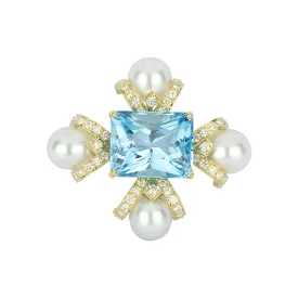 Brooch - Blue Topaz, Pearl And Diamond