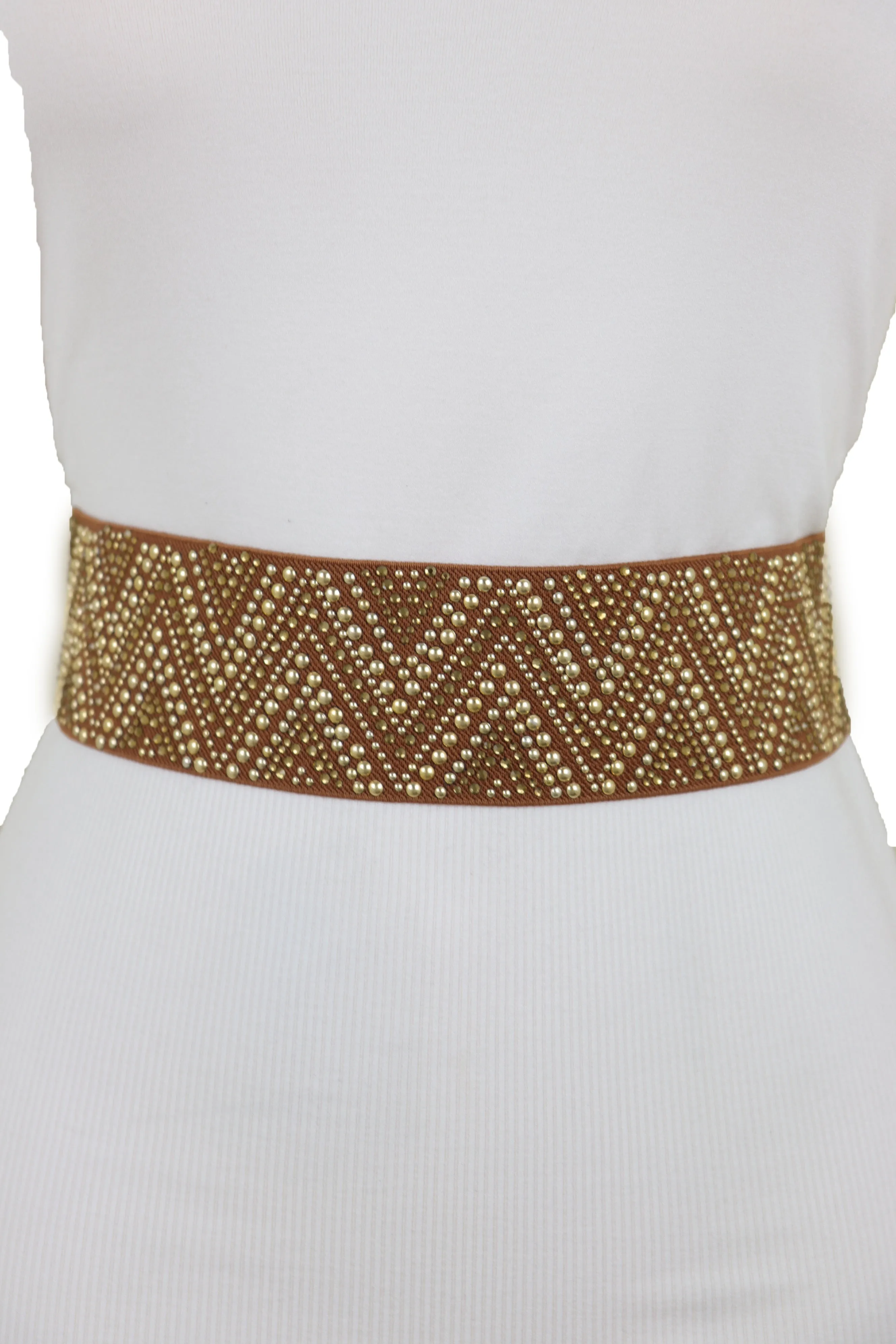 Brown Fashion Elastic Fabric Waistband Belt Gold Studs Hip High Waist S M