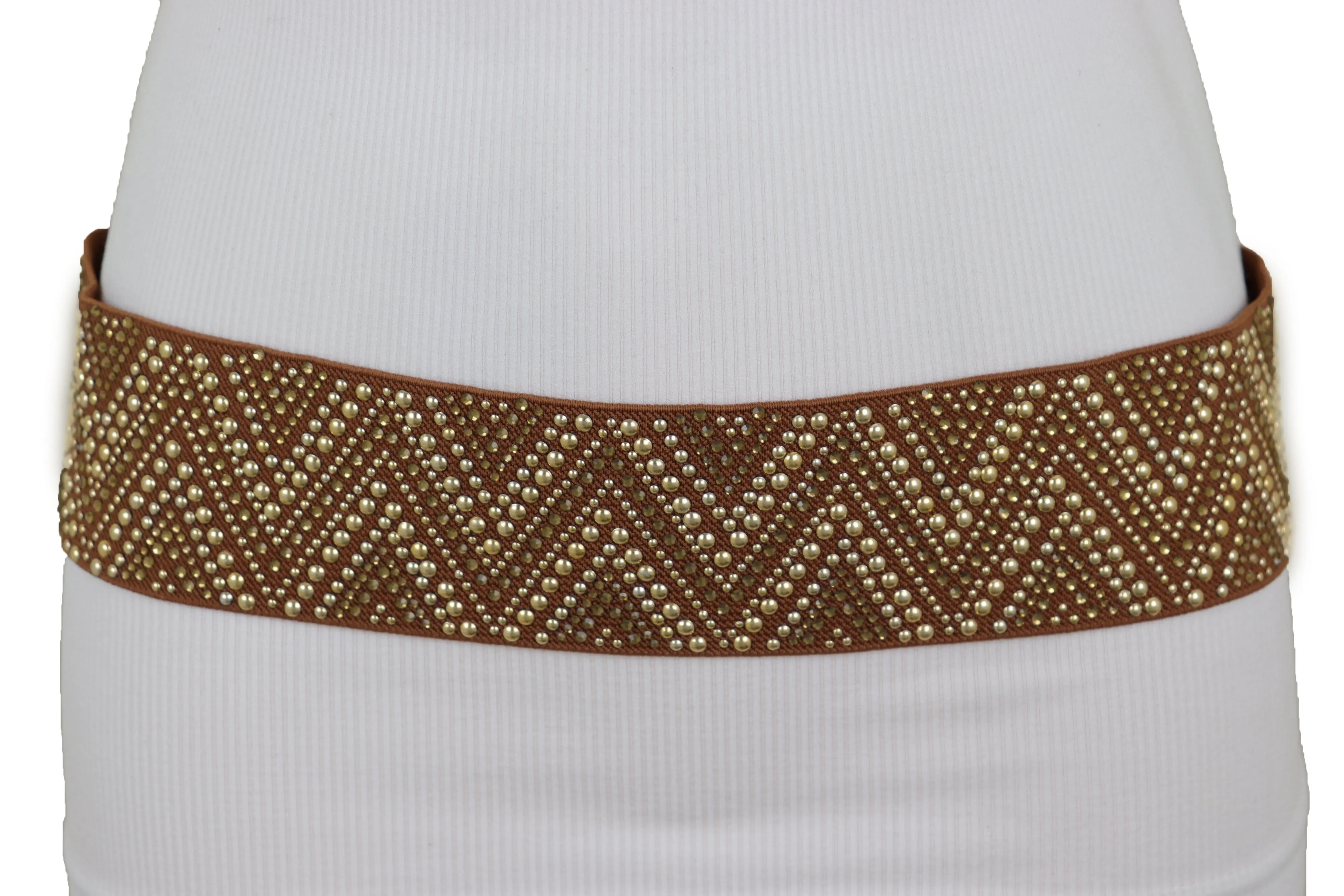 Brown Fashion Elastic Fabric Waistband Belt Gold Studs Hip High Waist S M