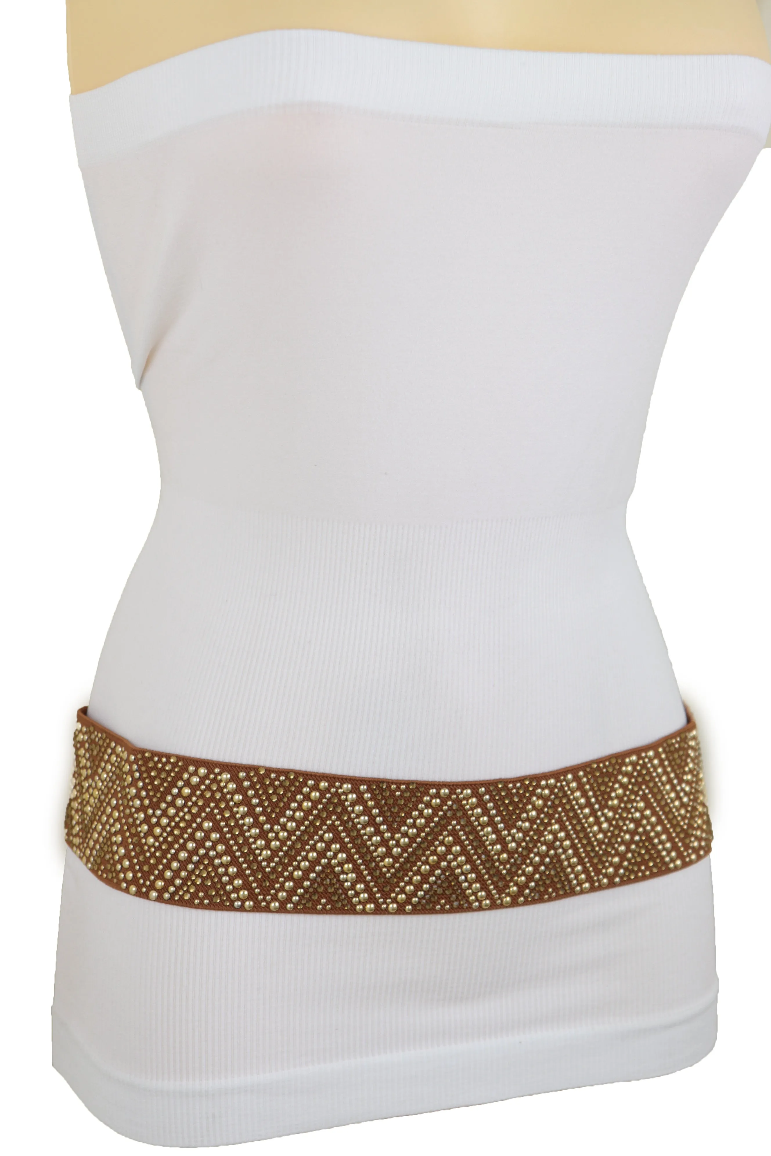 Brown Fashion Elastic Fabric Waistband Belt Gold Studs Hip High Waist S M