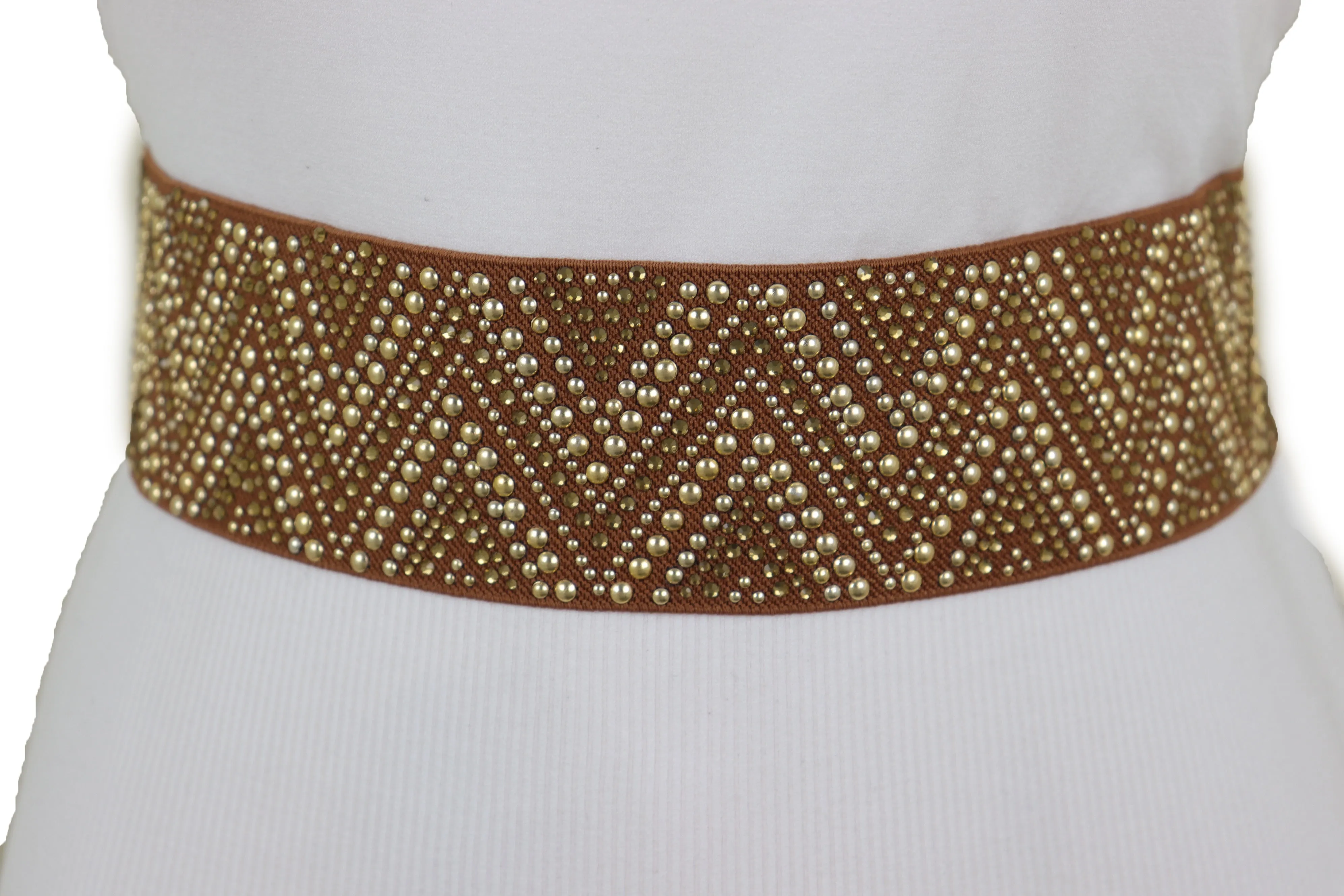 Brown Fashion Elastic Fabric Waistband Belt Gold Studs Hip High Waist S M