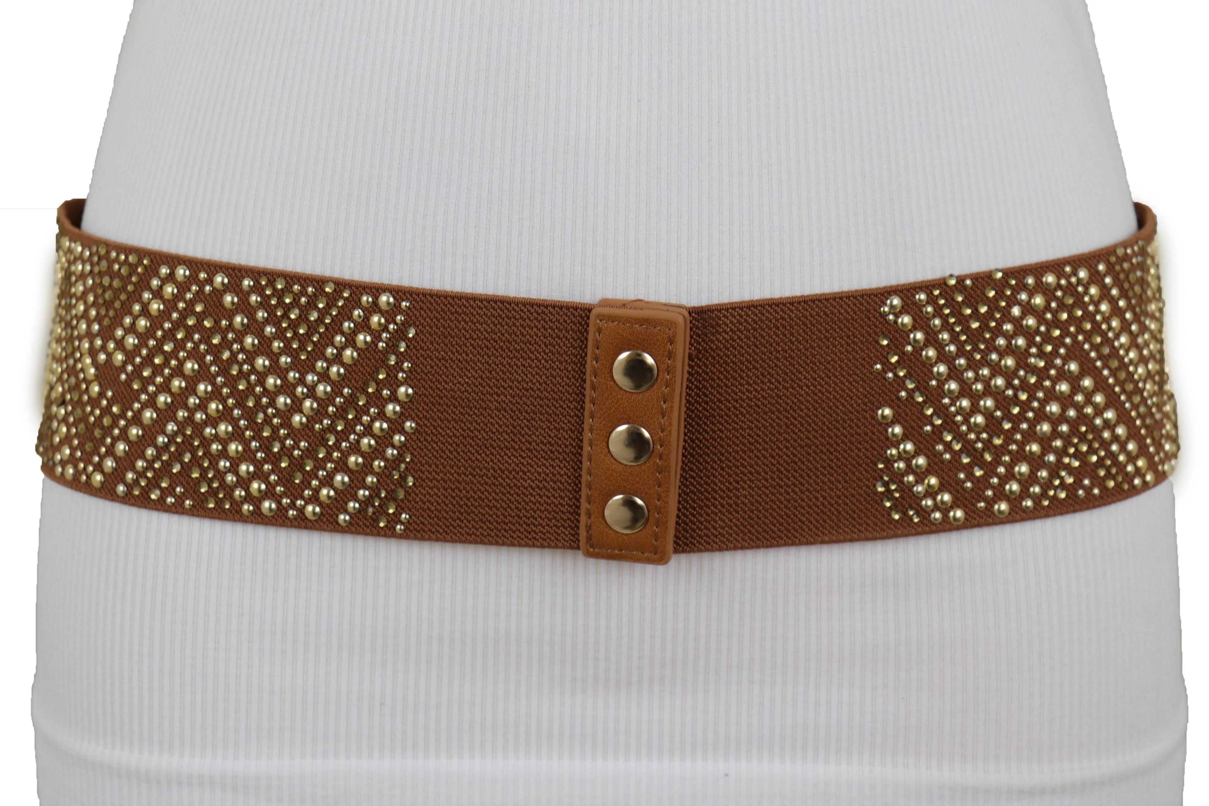 Brown Fashion Elastic Fabric Waistband Belt Gold Studs Hip High Waist S M