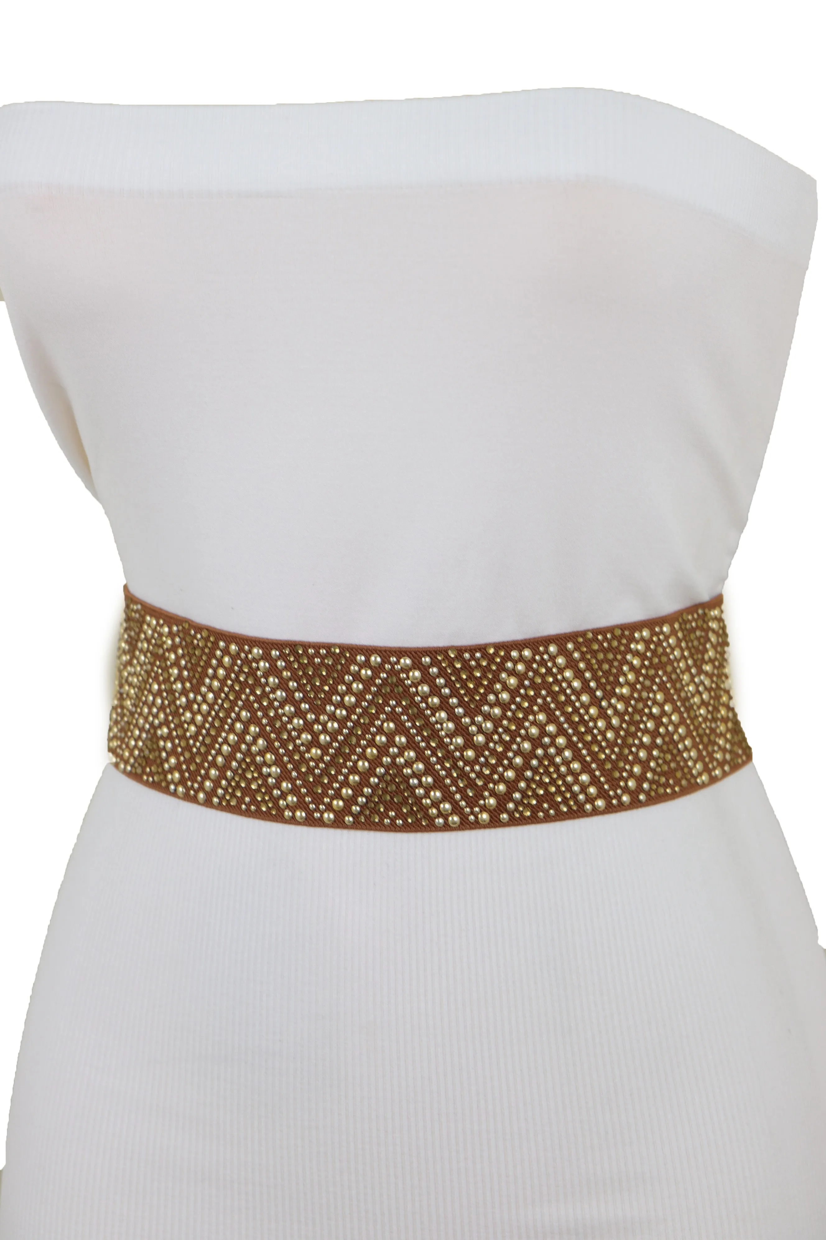 Brown Fashion Elastic Fabric Waistband Belt Gold Studs Hip High Waist S M