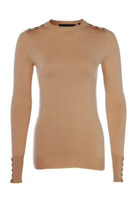 Buttoned Knit Crew Neck - Dark Camel