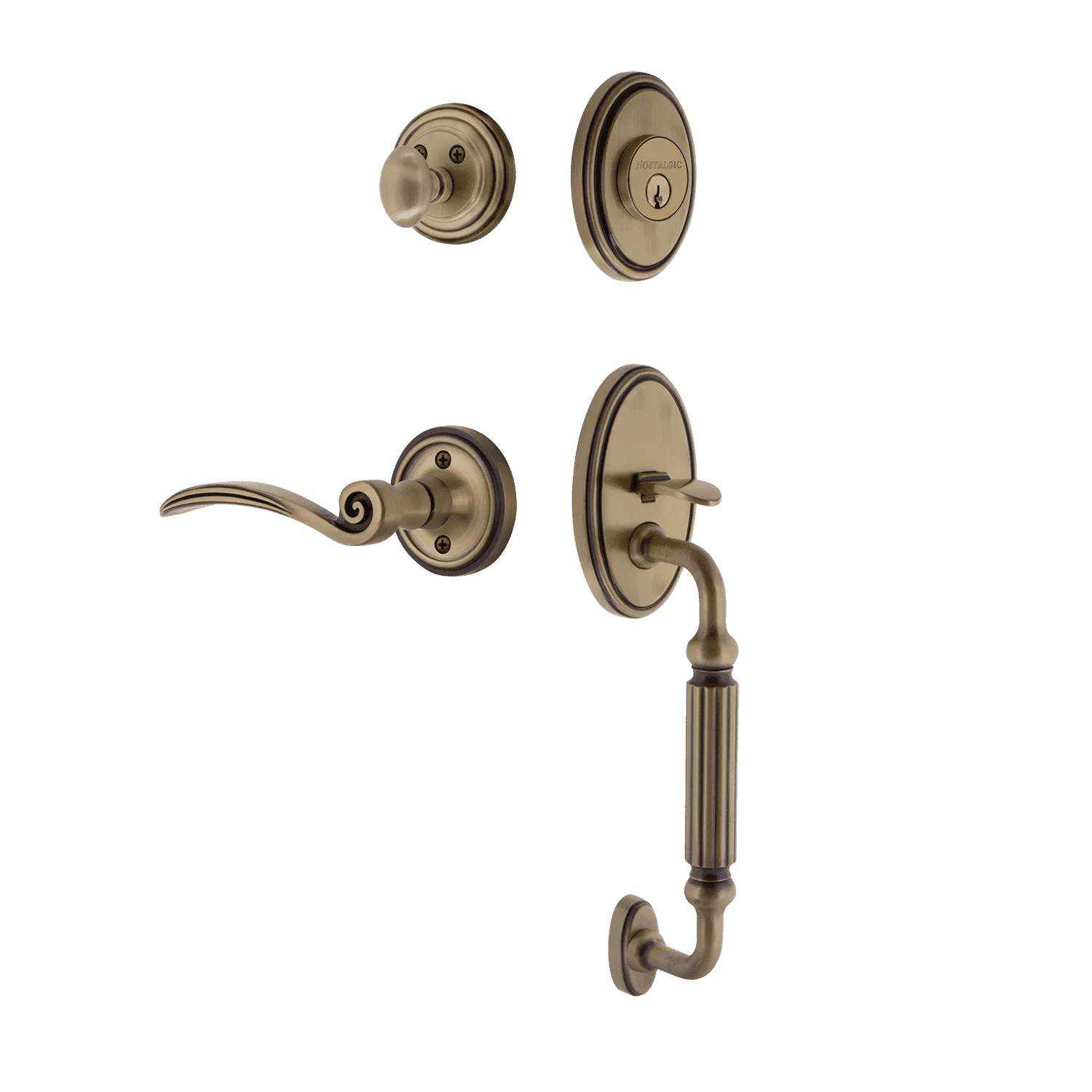 Classic Handleset with F-Grip and Classic Rosette with Swan Lever in Antique Brass