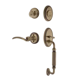 Classic Handleset with F-Grip and Classic Rosette with Swan Lever in Antique Brass