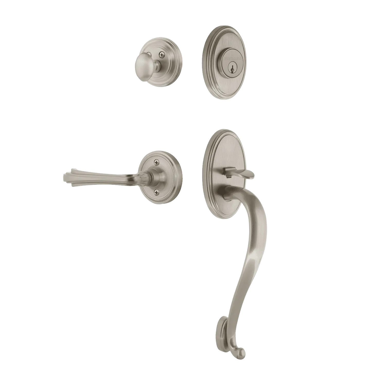 Classic Handleset with S-Grip and Classic Rosette with Fleur Lever in Satin Nickel