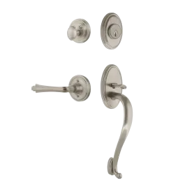 Classic Handleset with S-Grip and Classic Rosette with Fleur Lever in Satin Nickel