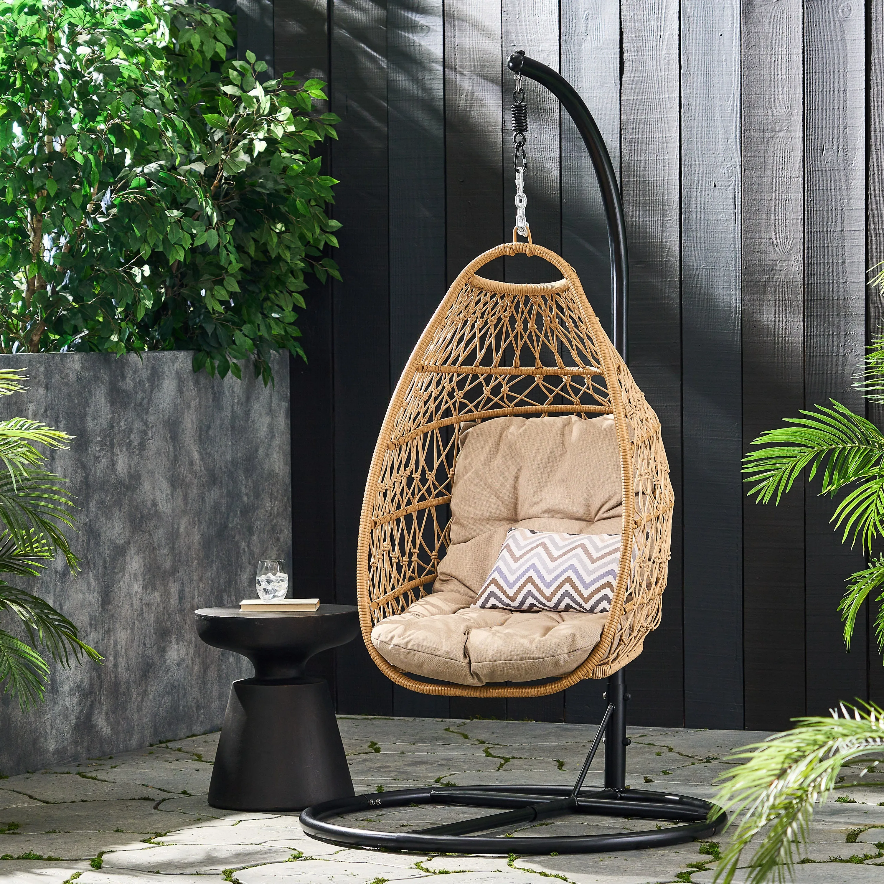 Coloma Outdoor Wicker and Rope Foldable Hanging Chair with Stand